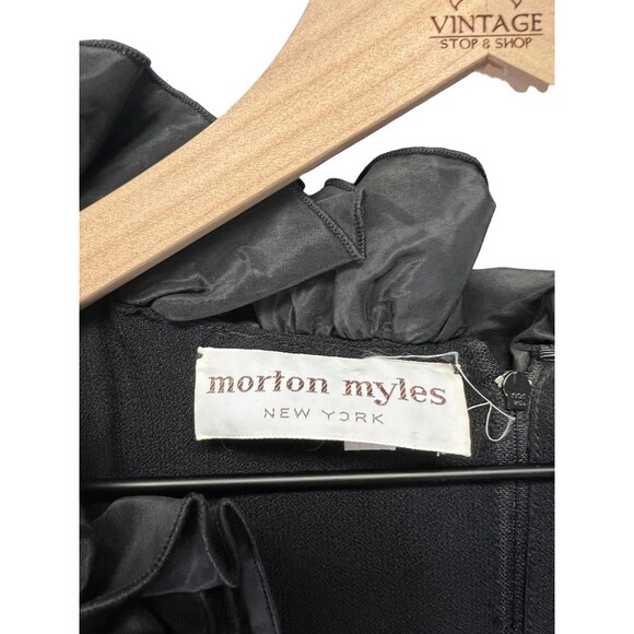 STUNNING Vintage Morton Myles Black Ruffle Neckline Belted Dress Size 12 - Picture 7 of 16